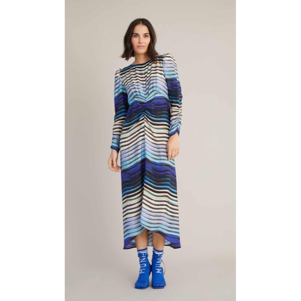 MUNTHE Downy Maxi Dress 42 Long Ruched Sleeves Striped Lightweight Breathable